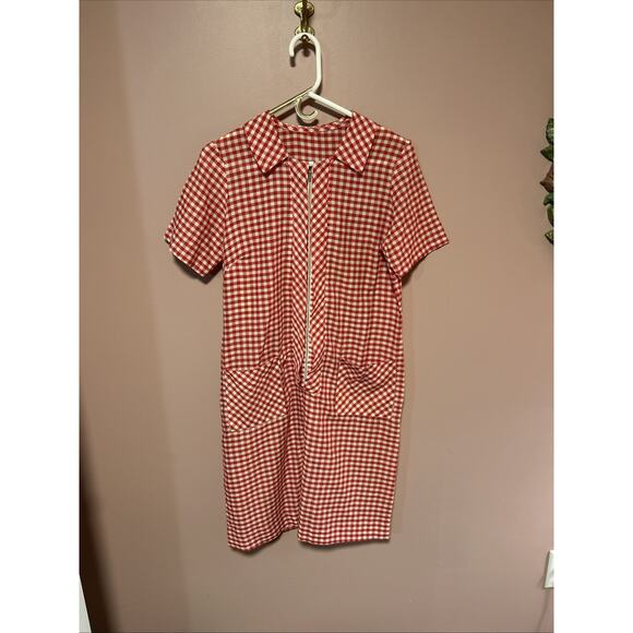 Vintage Red Checked House Dress Medium Muumuu Kaftan Gingham Grannycore - Picture 1 of 9